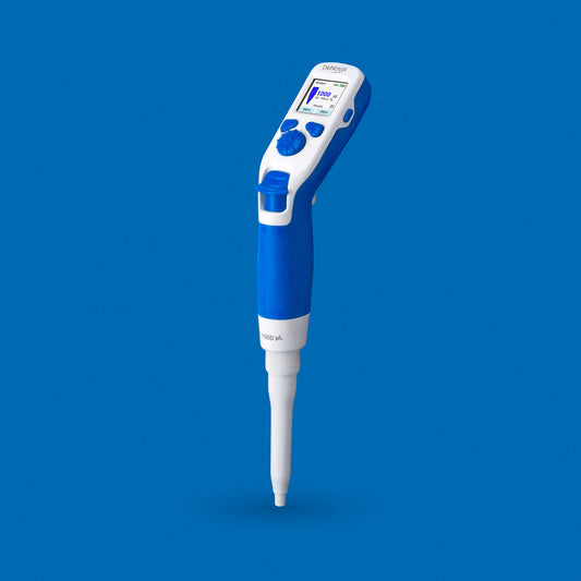 Blue and white electronic micropipette on a blue background